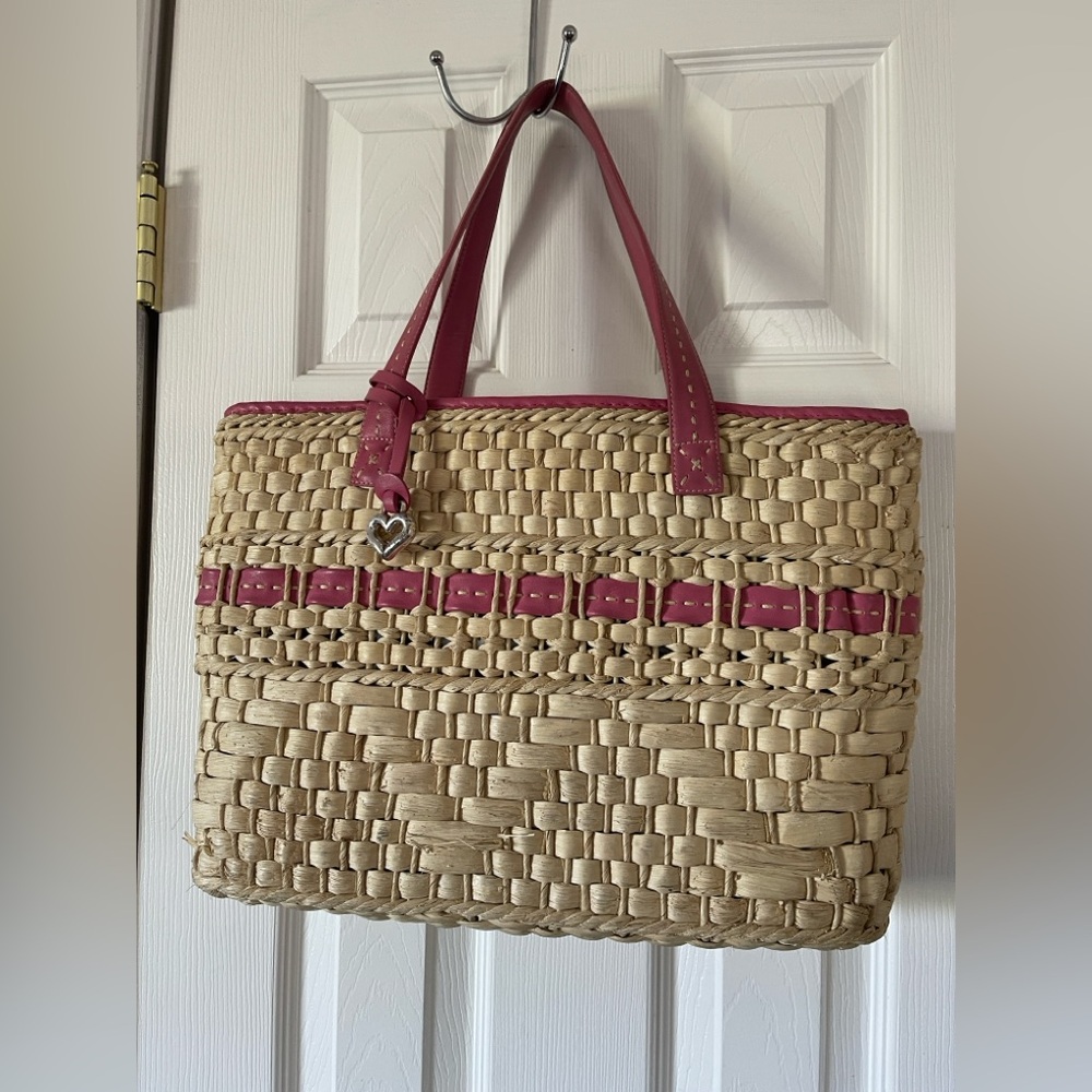 Brighton Large Straw Tote with Pink Leather Trim